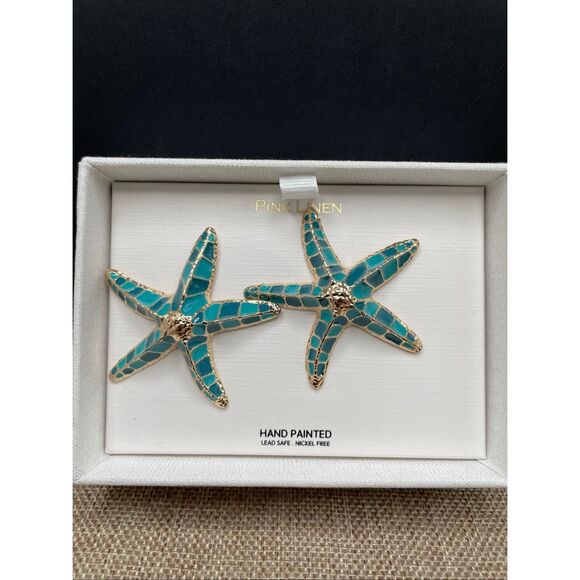 Pink Linen Starfish Hand painted Earrings Blue - Picture 1 of 6